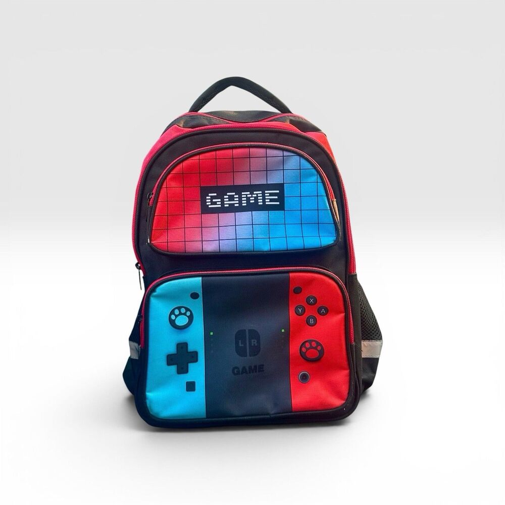 Kids Gaming Backpack Nintendo Switch Style School Book Bag Red Blue Polyester